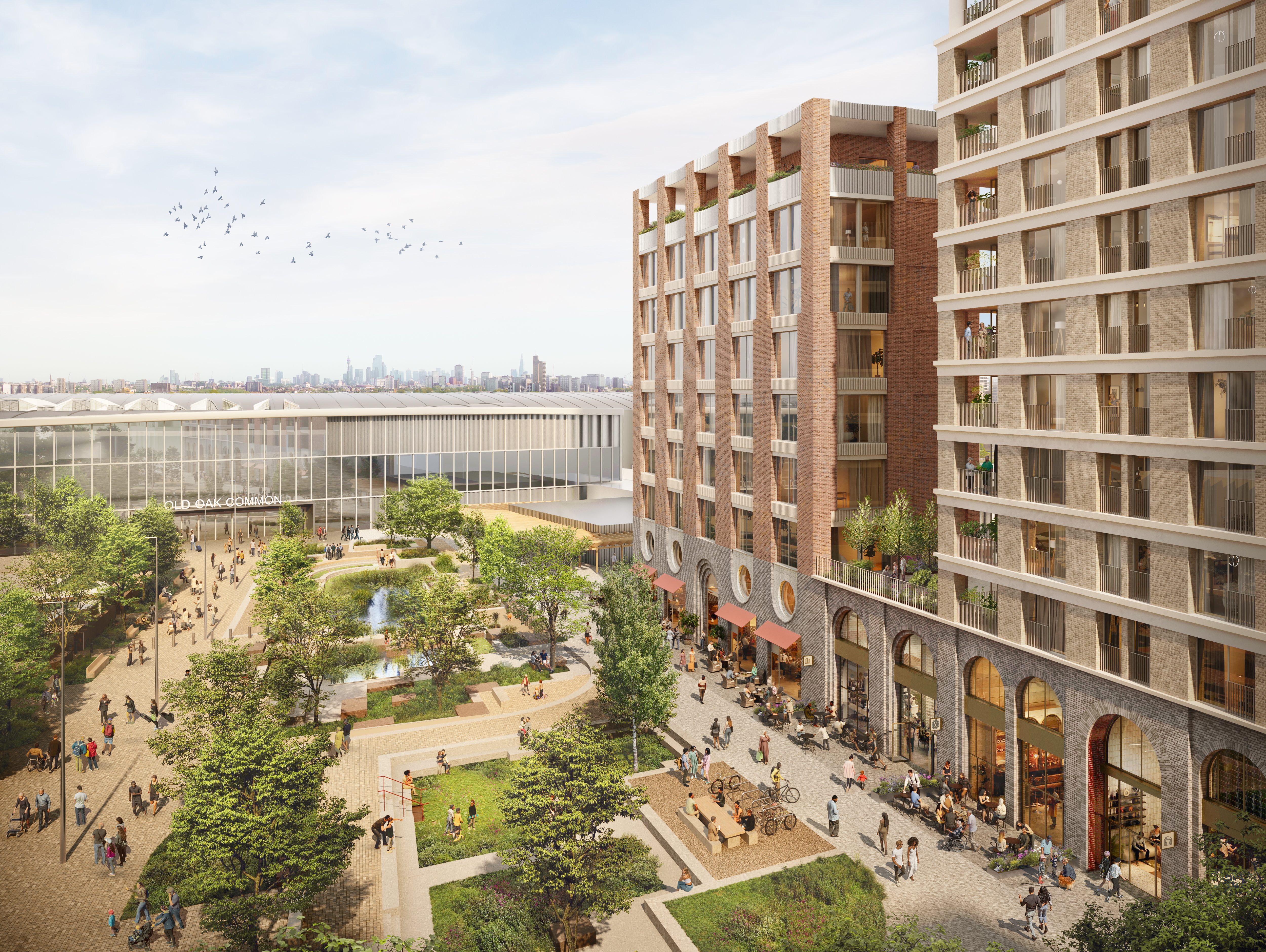 CGI of a large urban station, with a park inside and high rise buildings to the left.