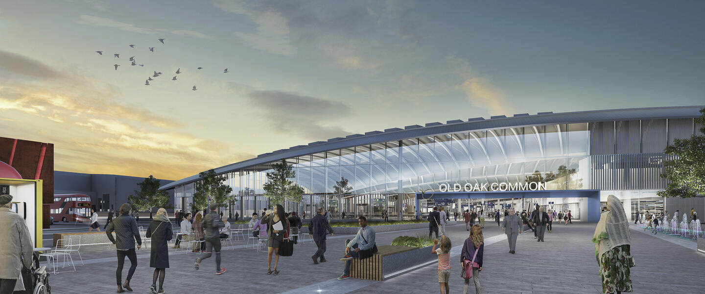 CGI of large glass station structure