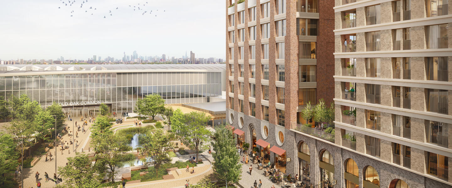 CGI of a large urban station, with a park inside and high rise buildings to the left.