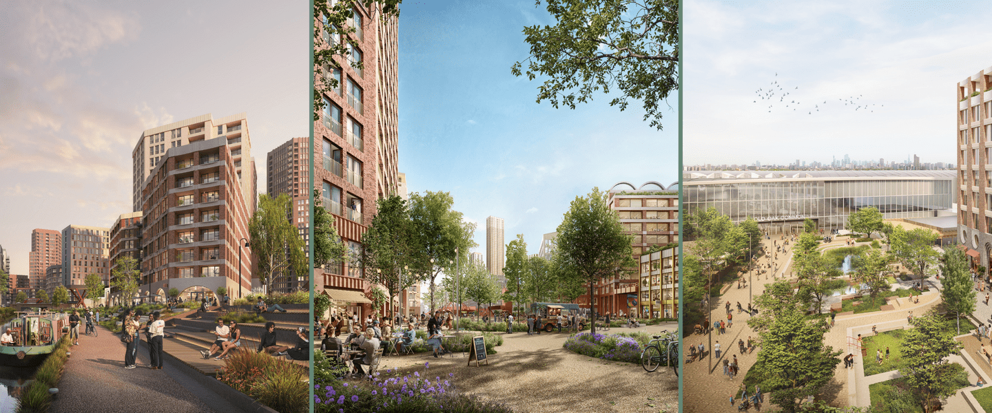 Collage of three CGIs showing a canalside district, a large train station and a town square