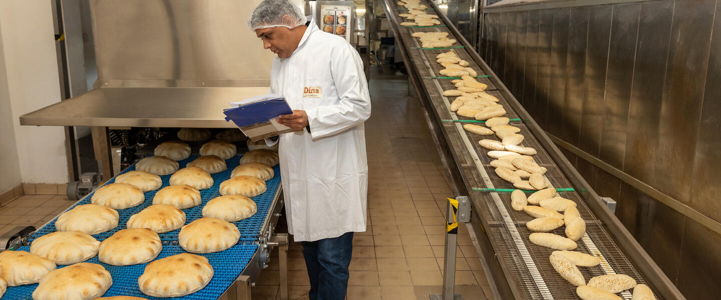 An image of a factory line of pitta breads baking and baguettes coming down a conveyor belt