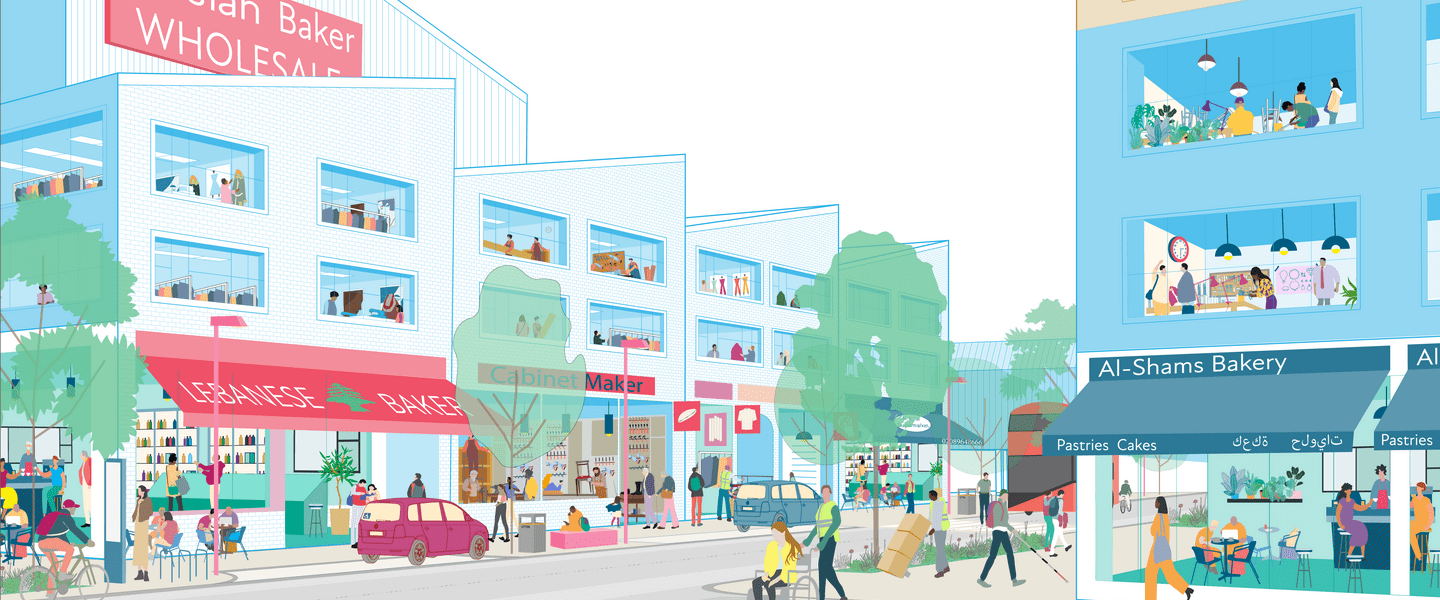 A visualisation of an industrial street