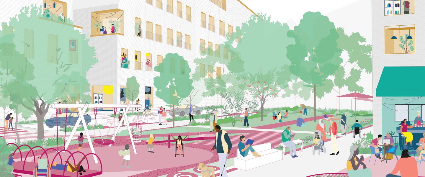 A visualisation of a pocket park in a mixed use area