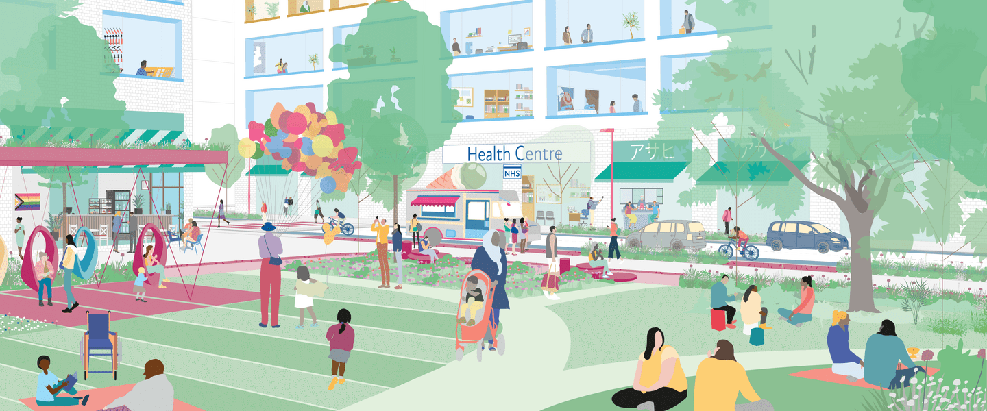 A visualisation of a pocket park in a town centre