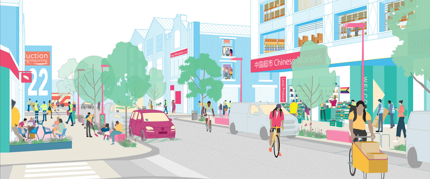 A visualisation of an industrial street