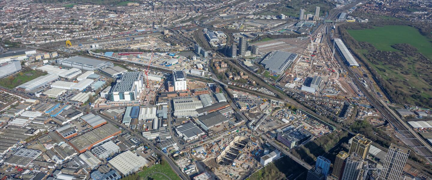 Aerial shot of the Old Oak opportunity area and Wormwood Scrubs