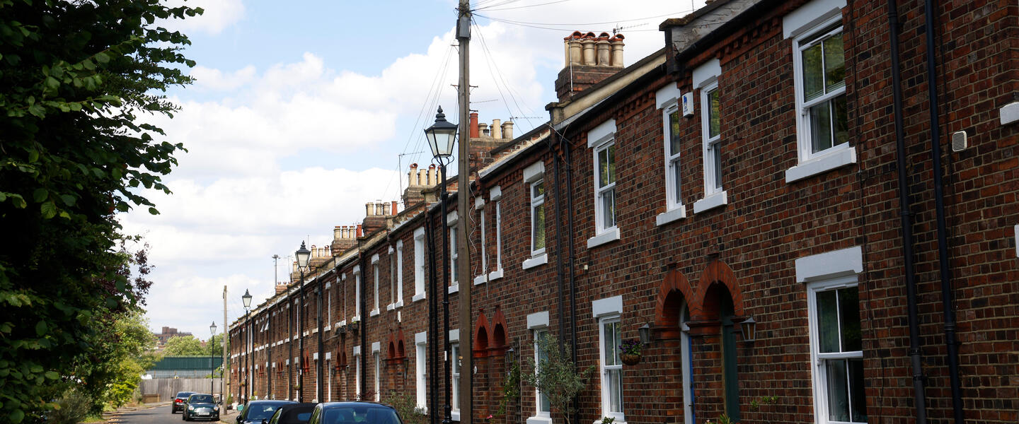 Row of railway cottages lined by trees