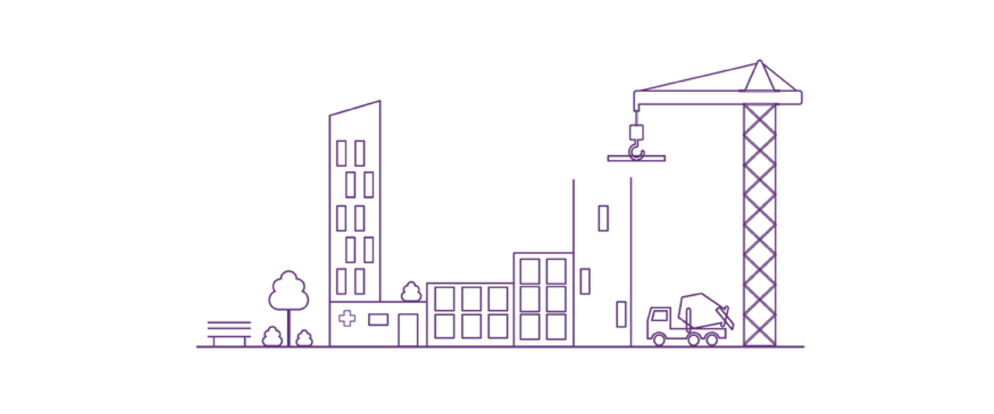 Line drawing of a crane, lorry and skyscrapers