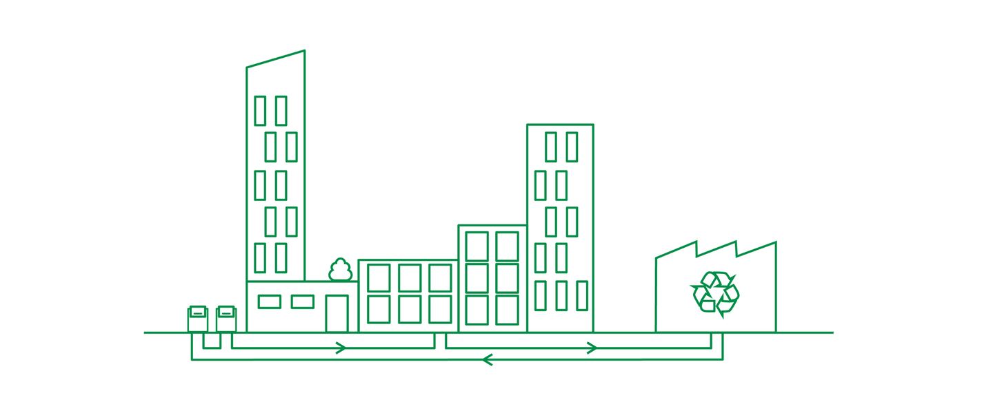 Green line drawing of a recycling plant and skyscrapers