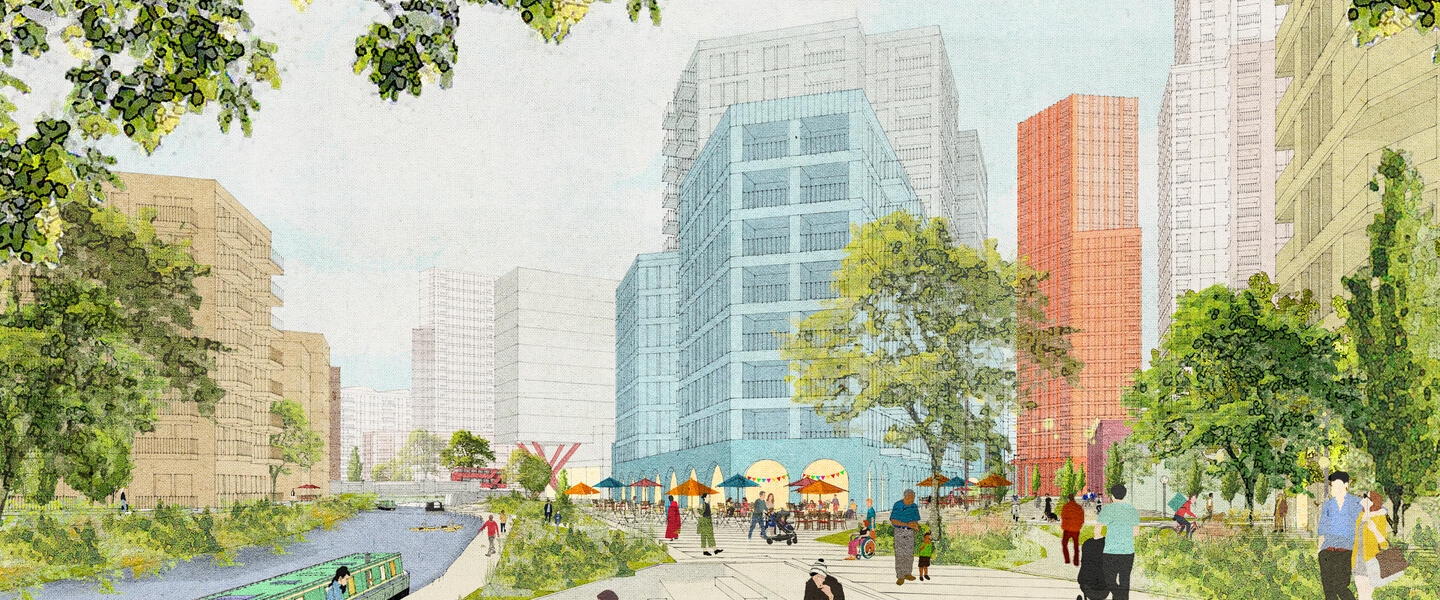 Sketch of a canalside neighbourhood with skyscrapers in the background
