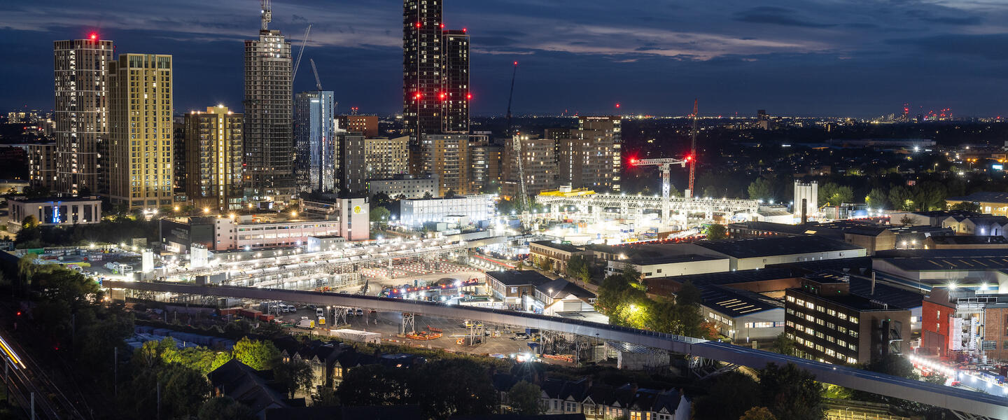 Night image of constructions works in Old Oak