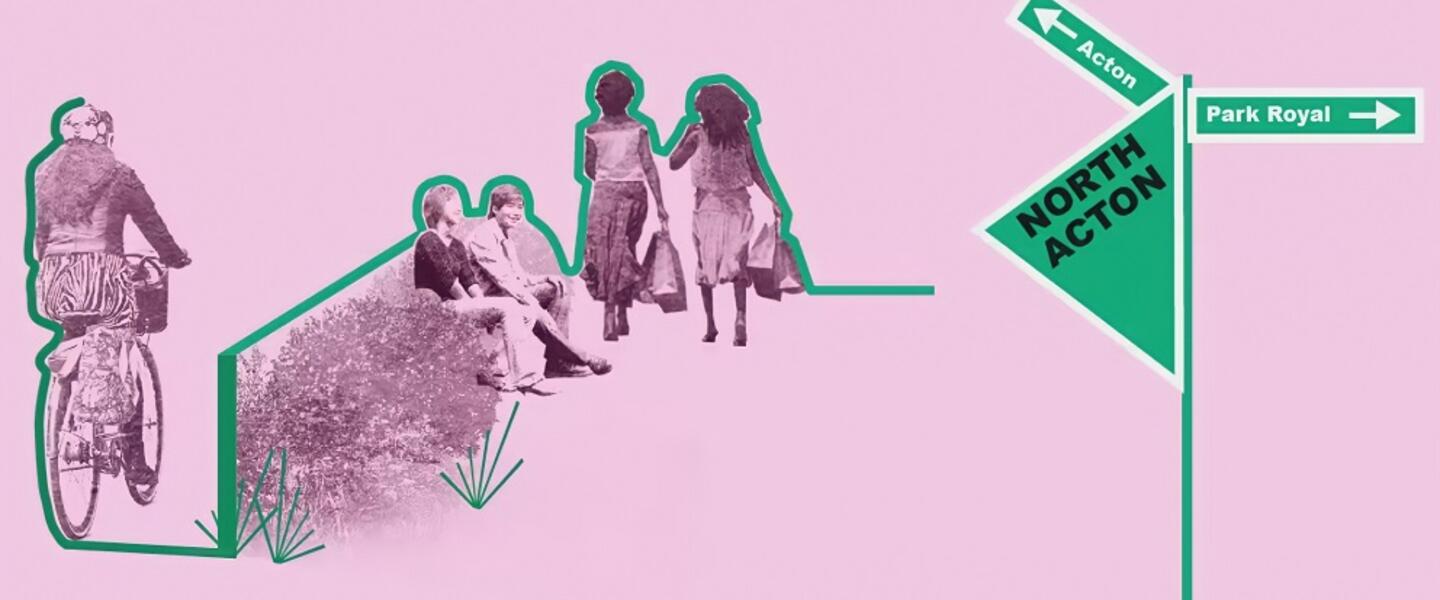 Pink background with images of people from the 1960s or 70s and to the right a sign saying 'North Acton'